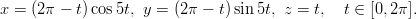 x = (2π − t)cos 5t, y = (2π − t) sin 5t, z = t,   t ∈ [0,2π ].
